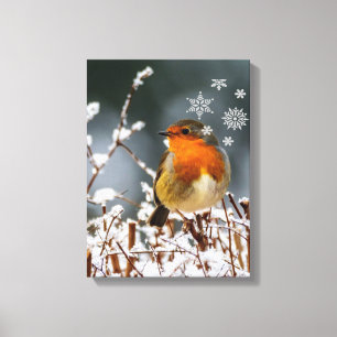 Robin Zangvogel met Sneeuwvlokken Canvasprint Canvas Afdruk