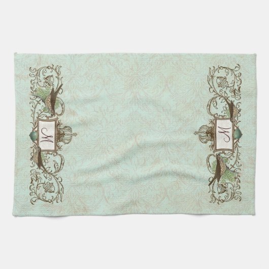  Robins Egg Blue Birds Scroll Monogram Theedoek (Horizontaal)