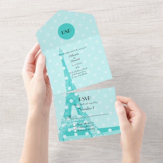 Robins Egg Blue Paris Threadding All In One Uitnodiging (Afscheurbaar)