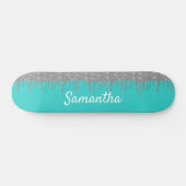 Robin's Egg Blue Silver Glitter Drips Skateboard (Horizontaal)