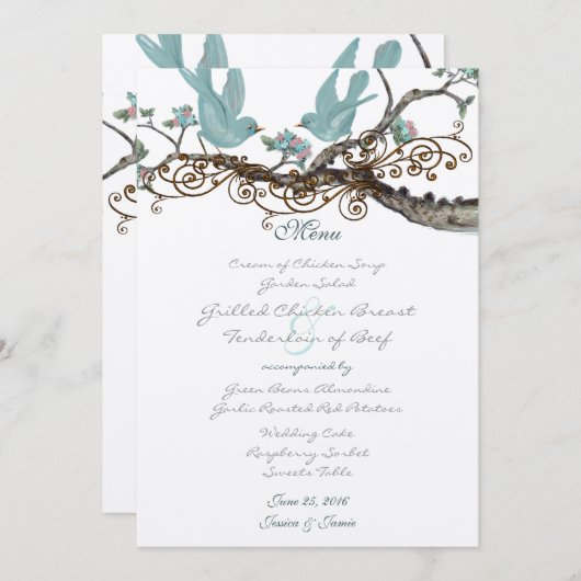 Robin's Egg Blue  Tortelduifjes Wedding Menu (Voorkant / Achterkant)