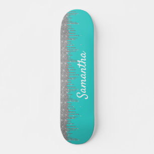 Robin's Egg Blue Zilveren Glitter Druppels Skateboard