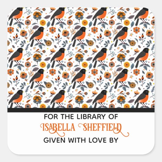 Robins en bloemen vierkante sticker (Voorkant)