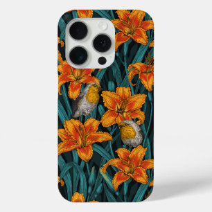 Robins en leliebloemen, sinaasappel en blauw iPhone 15 pro case