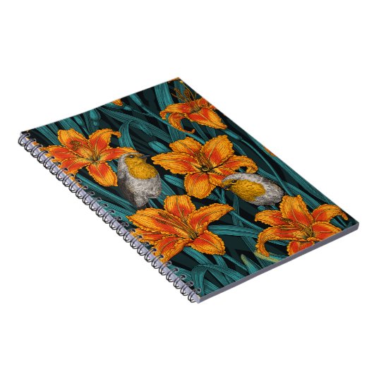 Robins en leliebloemen, sinaasappel en blauw notitieboek (Rechterzijde)