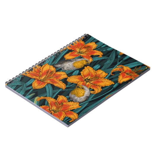 Robins en leliebloemen, sinaasappel en blauw notitieboek (Linkerzijde)