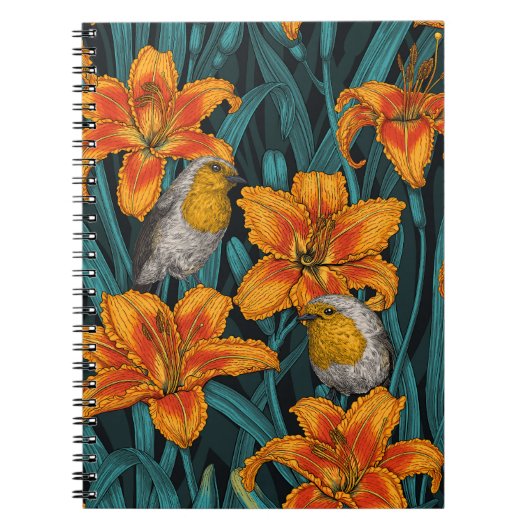 Robins en leliebloemen, sinaasappel en blauw notitieboek (Voorkant)