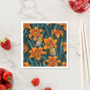 Robins en leliebloemen, sinaasappel en blauw servet