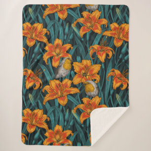 Robins en leliebloemen, sinaasappel en blauw sherpa deken