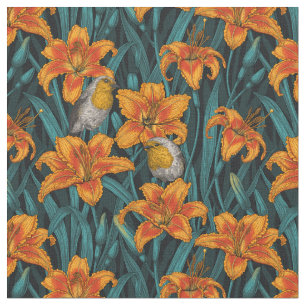 Robins en leliebloemen, sinaasappel en blauw stof