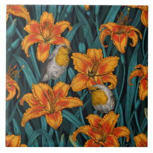 Robins en leliebloemen, sinaasappel en blauw tegeltje