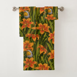 Robins en leliebloemen, sinaasappel en donkergroen bad handdoek
