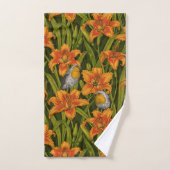 Robins en leliebloemen, sinaasappel en donkergroen bad handdoek (Handdoek)