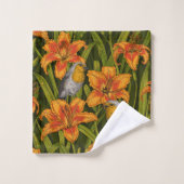 Robins en leliebloemen, sinaasappel en donkergroen bad handdoek (Wasdoekje)