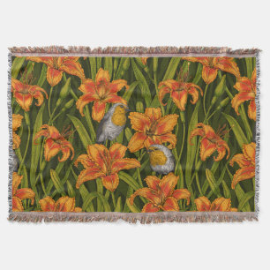 Robins en leliebloemen, sinaasappel en donkergroen deken