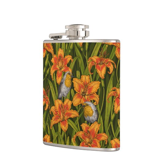 Robins en leliebloemen, sinaasappel en donkergroen heupfles (Links)