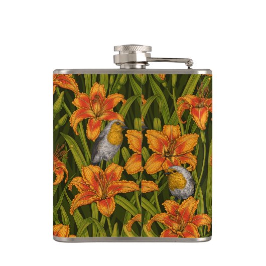 Robins en leliebloemen, sinaasappel en donkergroen heupfles (Achterkant)