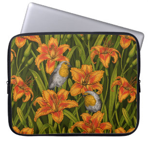Robins en leliebloemen, sinaasappel en donkergroen laptop sleeve