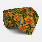 Robins en leliebloemen, sinaasappel en donkergroen stropdas (Opgerold)