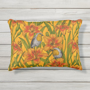 Robins en leliebloemen, sinaasappel en groen buitenkussen