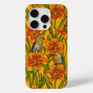 Robins en leliebloemen, sinaasappel en groen iPhone 15 pro case