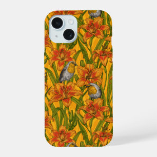 Robins en leliebloemen, sinaasappel en groen iPhone 15 hoesje