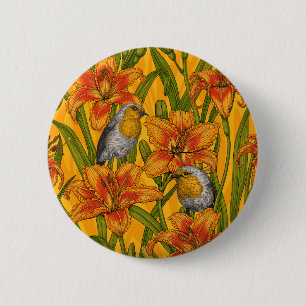 Robins en leliebloemen, sinaasappel en groen ronde button 5,7 cm