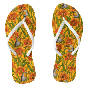 Robins en leliebloemen, sinaasappel en groen teenslippers