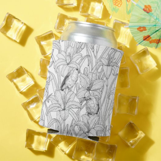 Robins en leliebloemen, zwart en wit blikjeskoeler (Insitu Zomer)