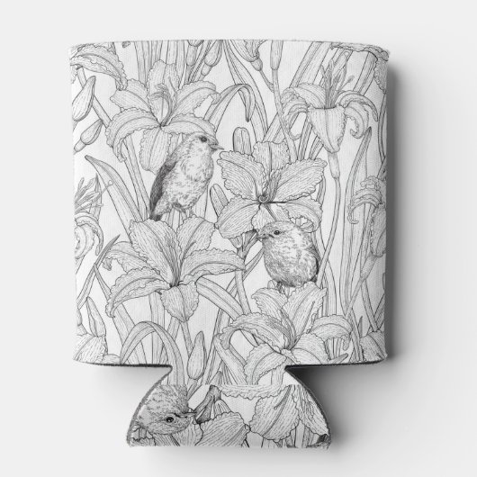 Robins en leliebloemen, zwart en wit blikjeskoeler (Achterkant)