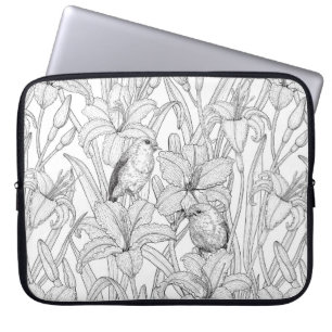 Robins en leliebloemen, zwart en wit laptop sleeve