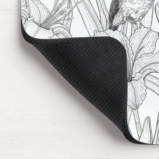 Robins en leliebloemen, zwart en wit muismat (Hoek)