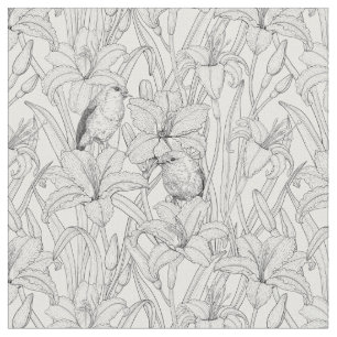 Robins en leliebloemen, zwart en wit stof