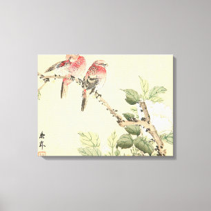 Robins en Peony japans bloemenkunst Canvas Afdruk