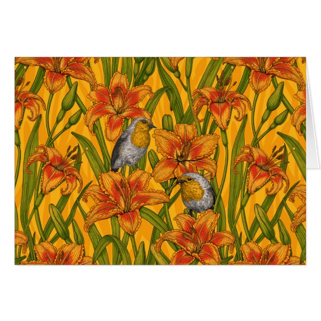 Robins et fleurs de lys, orange et vert (Devant horizontal)