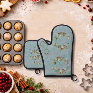 Robins, kransen en grijze sneeuwvlokken ovenwant & pannenlap set