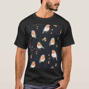 Robins, lijsterbessen, winterse waterverf. t-shirt
