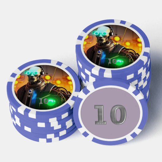 Robot 2 blauw 10 gestreepte pokerchip (Opstapeling)