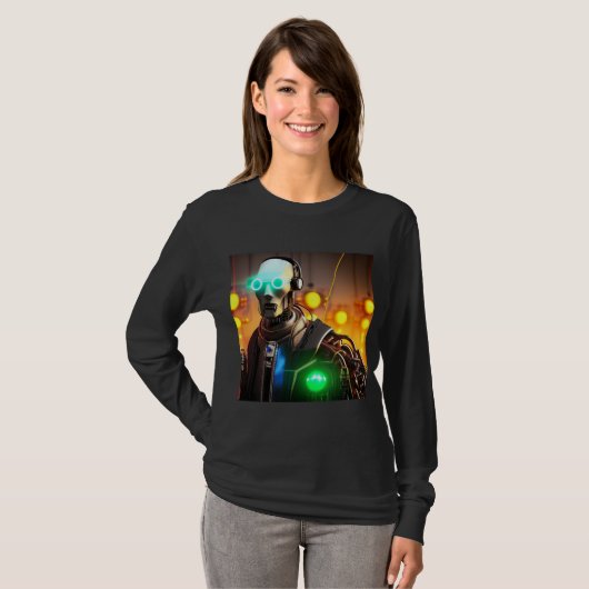 Robot 2 dames zwart T-shirt met lange mouwen (Voorkant volledig)
