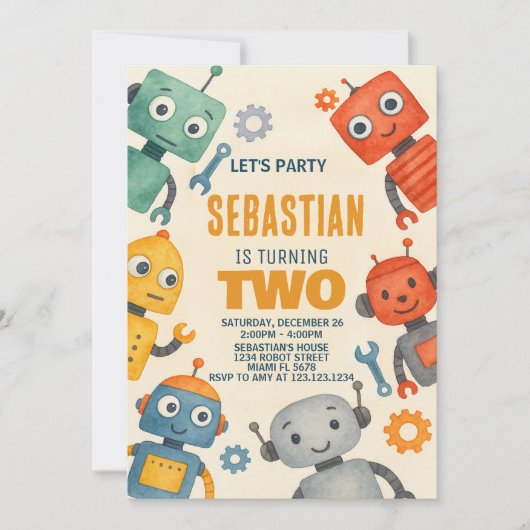 Robot 2e verjaardag uitnodiging (Voorkant)