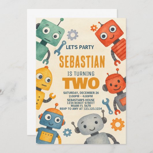 Robot 2e verjaardag uitnodiging (Voorkant / Achterkant)
