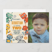 Robot 2e verjaardag uitnodiging met foto (Voorkant / Achterkant)