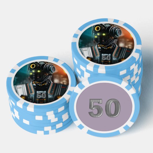 Robot 3 lichtblauw 50 gestreepte pokerchip (Opstapeling)