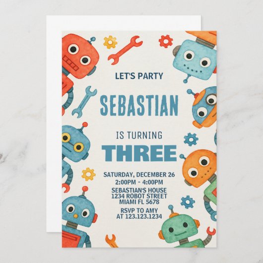 Robot 3ème anniversaire Invitation (Devant / Derrière)