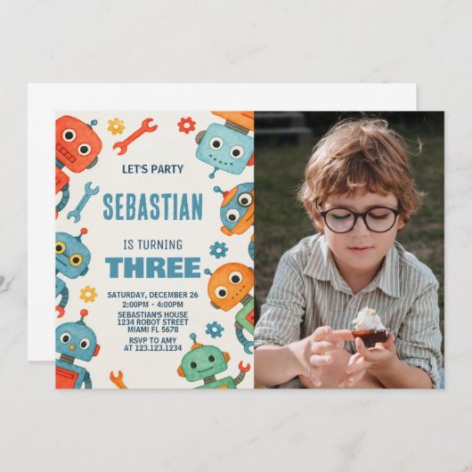 Robot 3ème anniversaire Invitation avec photo (Devant / Derrière)