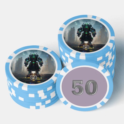 Robot 4 lichtblauw 50 gestreepte pokerchip (Opstapeling)