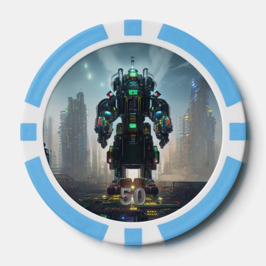 Robot 4 lichtblauw 50 gestreepte pokerchip (Voorkant)