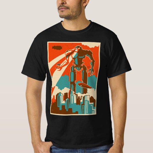  robot aanvallende stad retro bot sci-fi Fath T-shirt (Voorkant)