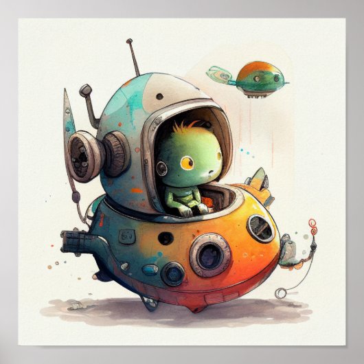 "Robot Alien en vaisseau spatial" - Poster aquarel (Devant)