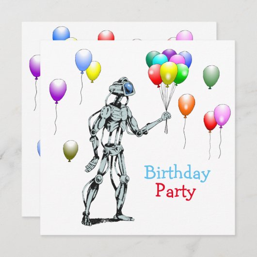 Robot avec ballons Invitation d'anniversaire (Devant / Derrière)